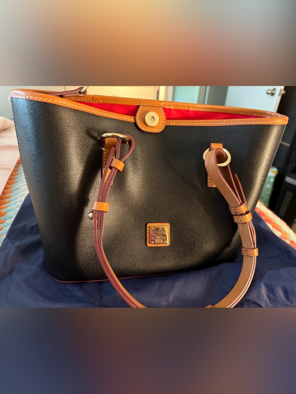 Dooney & Bourke Black Leather Tote with Tan Trim and Red Interior